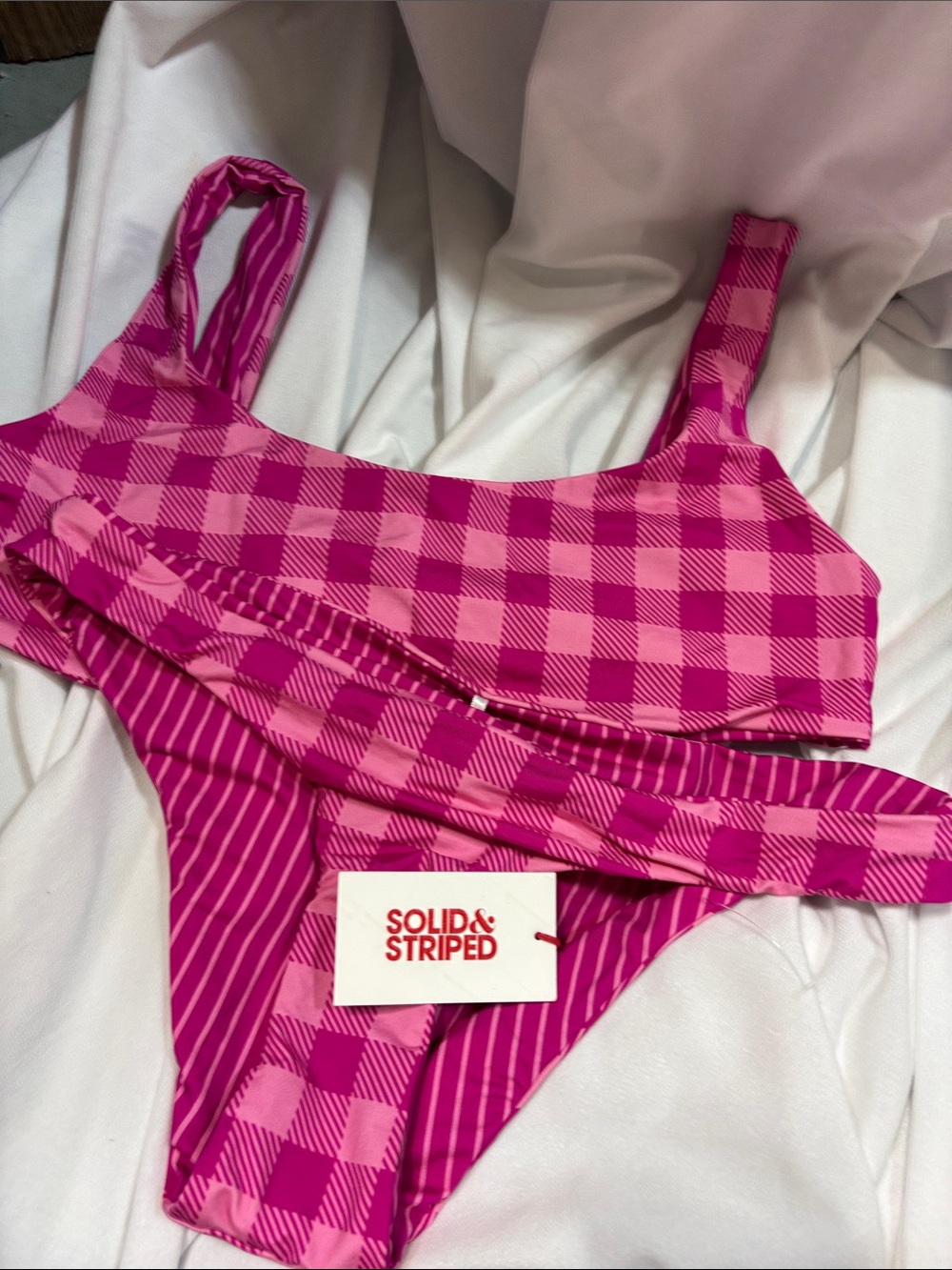 SOLID & STRIPED The Elle reversible  Gingham & Stripe orchid  Bikini set NWT